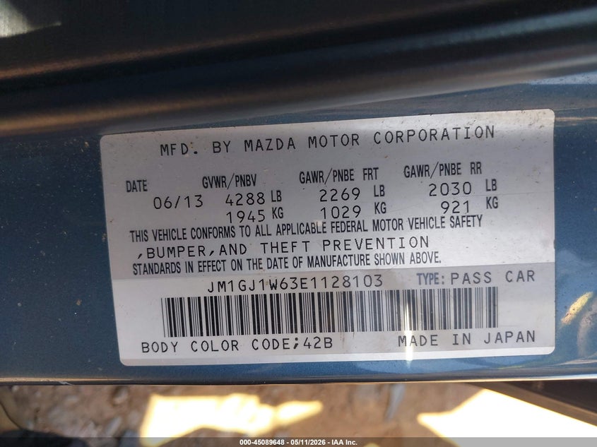 MAZDA MAZDA6 2014 VIN JM1GJ1W63E1128103