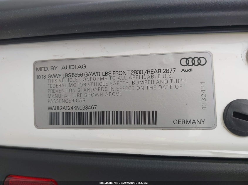 2019 Audi A6 55 Premium VIN: WAUL2AF24KN038467 Lot: 45089795