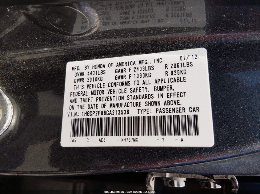 2012 Honda Accord 2.4 2.4 Ex-l Grey Lot 111045089826 Vin 1HGCP2F86CA213536