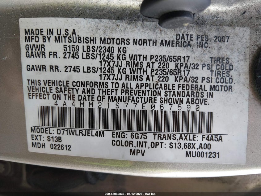2007 Mitsubishi Endeavor Ls VIN: 4A4MM21S77E067590 Lot: 45089833