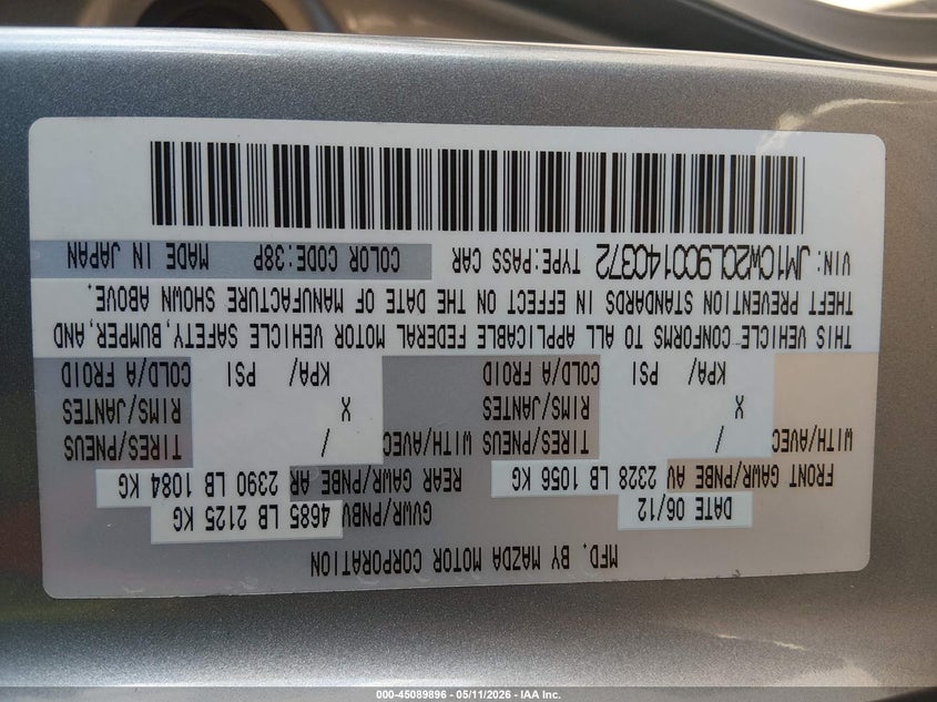 2012 Mazda Mazda5 Touring VIN: JM1CW2CL9C0140372 Lot: 45089896