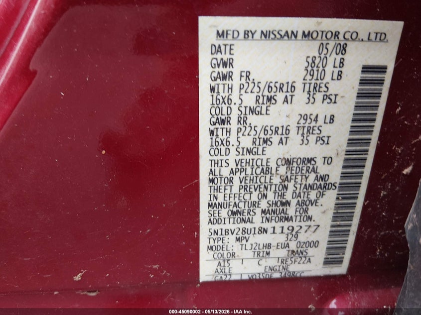 2008 Nissan Quest 3.5 S VIN: 5N1BV28U18N119277 Lot: 45090002