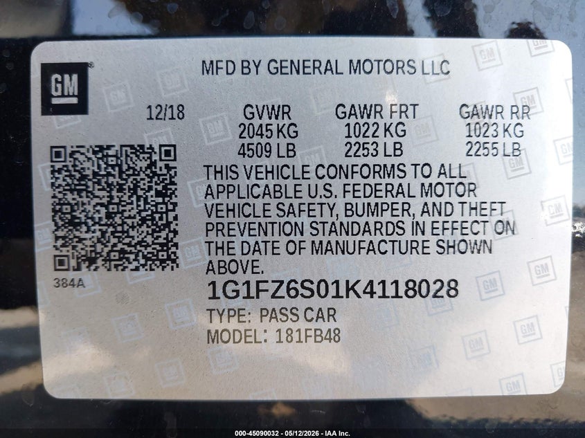 2019 Chevrolet Bolt Ev Premier VIN: 1G1FZ6S01K4118028 Lot: 45090032