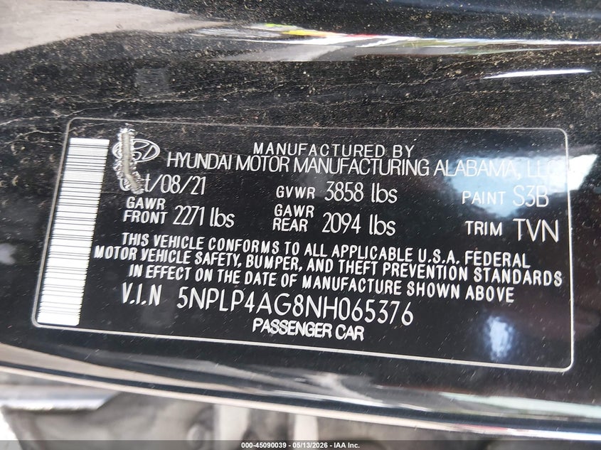 2022 HYUNDAI ELANTRA(VIN: 5NPLP4AG8NH065376