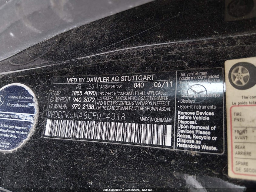 2012 Mercedes-Benz Slk 350 VIN: WDDPK5HA8CF014318 Lot: 45090072