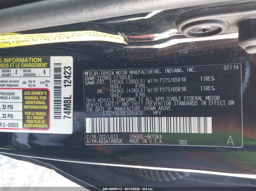 2014 Toyota Sequoia Sr5 5.7L V8 VIN: 5TDZY5G19ES055630 Lot: 45090113
