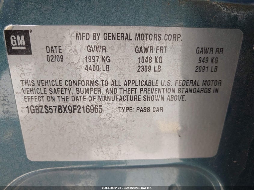 2009 Saturn Aura Xe VIN: 1G8ZS57BX9F216965 Lot: 45090173