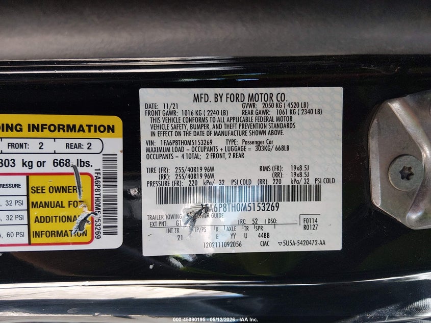 2021 Ford Mustang Ecoboost Fastback VIN: 1FA6P8TH0M5153269 Lot: 45090195