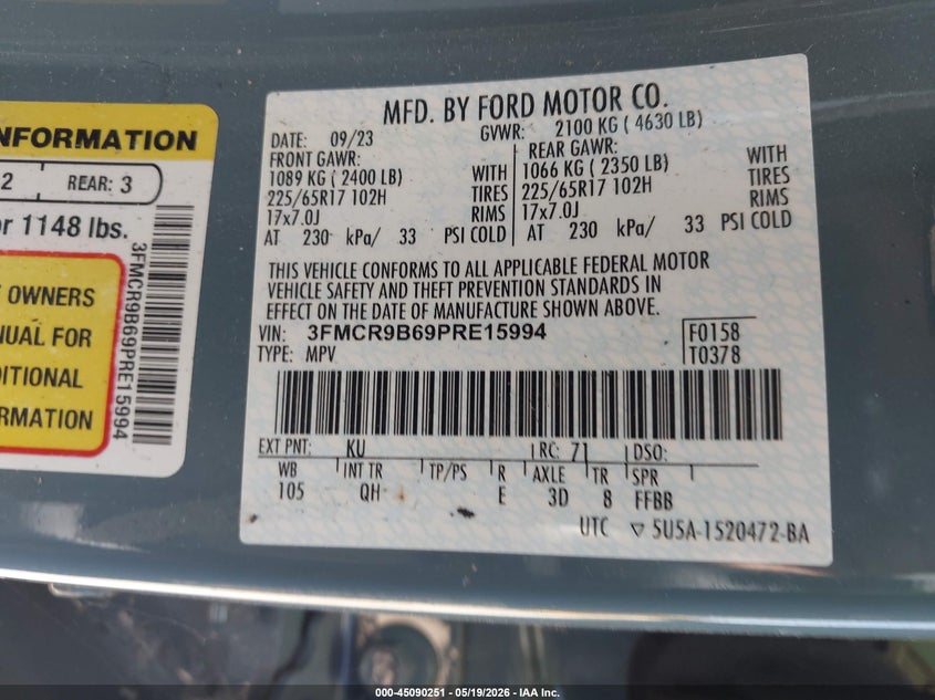 2023 Ford Bronco Sport Big Bend VIN: 3FMCR9B69PRE15994 Lot: 45090251