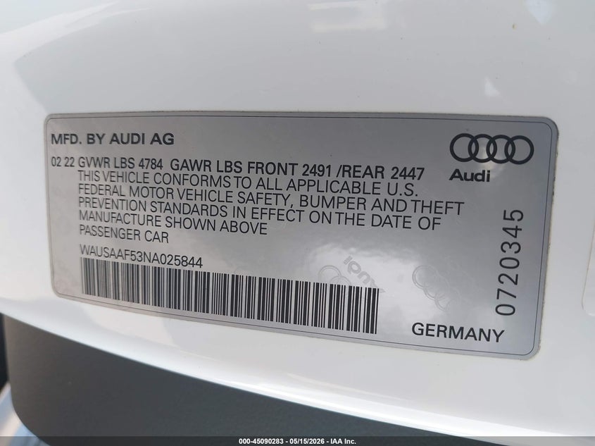 2022 Audi A5 Premium 45 Tfsi S Line Quattro S Tronic VIN: WAUSAAF53NA025844 Lot: 45090283