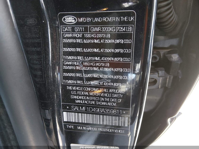 2011 Land Rover Range Rover Hse VIN: SALMF1D49BA359811 Lot: 45090348