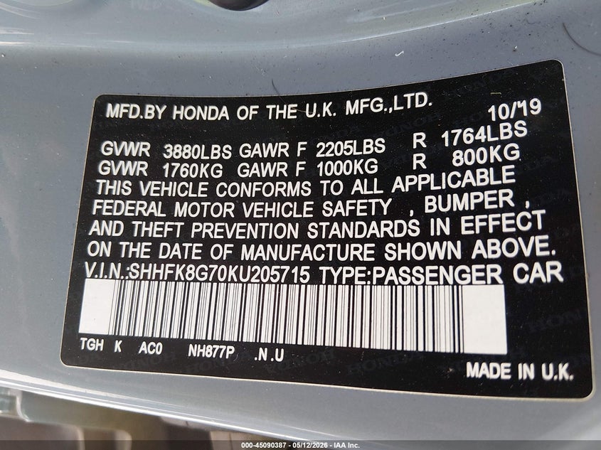 2019 Honda Civic Type R Touring VIN: SHHFK8G70KU205715 Lot: 45090387