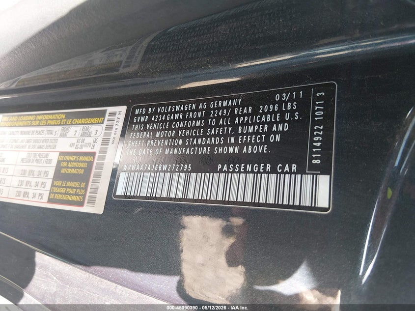 2011 Volkswagen Golf 2.5L 2-Door VIN: WVWAA7AJ6BW272795 Lot: 45090390