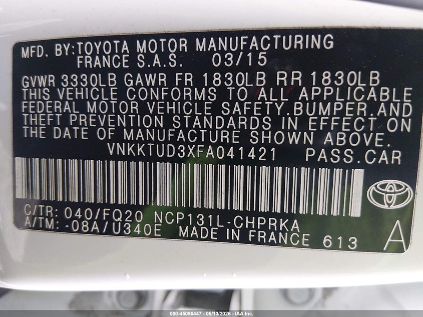 TOYOTA YARIS 2015 VIN VNKKTUD3XFA041421