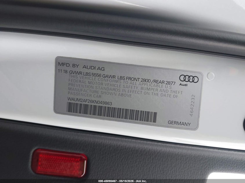 2019 Audi A6 55 Premium VIN: WAUM2AF26KN049863 Lot: 45090467