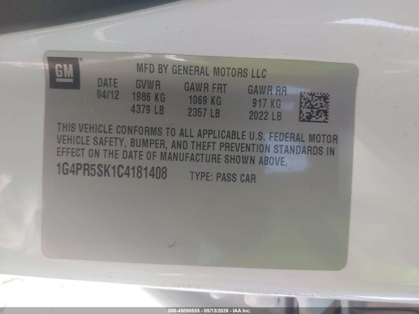 2012 Buick Verano Convenience Group VIN: 1G4PR5SK1C4181408 Lot: 45090555