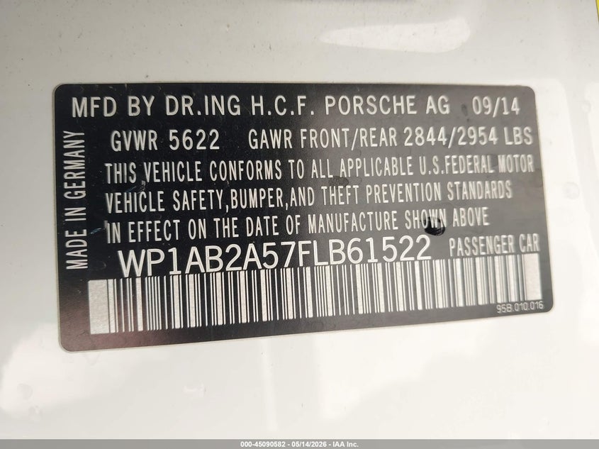 2015 Porsche Macan S VIN: WP1AB2A57FLB61522 Lot: 45090582
