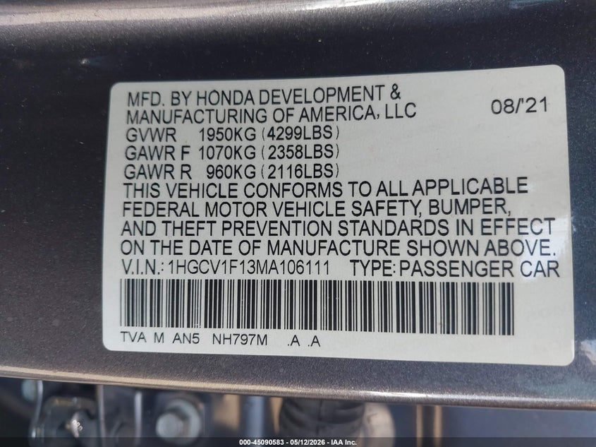 VIN 1HGCV1F13MA106111 2021 HONDA ACCORD LX