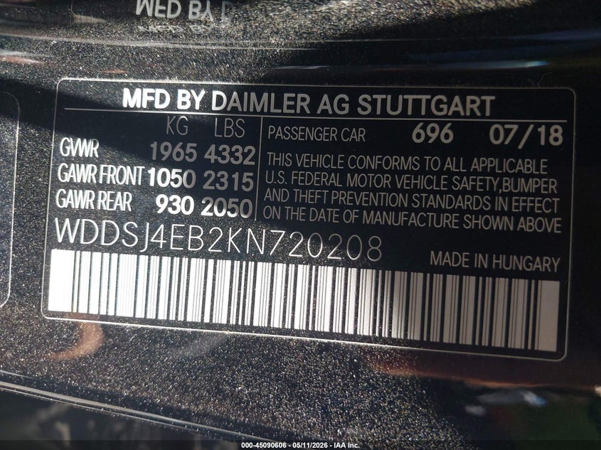 2019 Mercedes-Benz Cla 250 VIN: WDDSJ4EB2KN720208 Lot: 45090606
