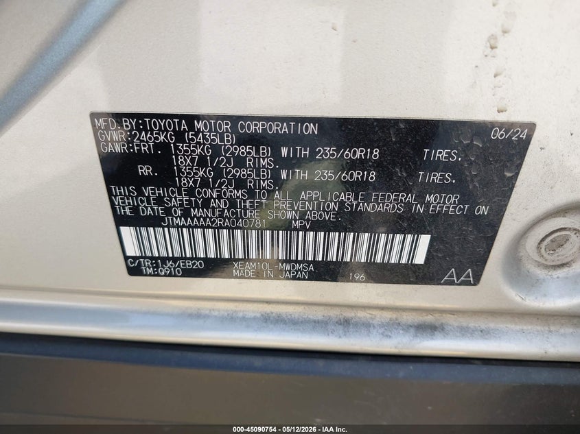 2024 Toyota Bz4X Xle VIN: JTMAAAAA2RA040781 Lot: 45090754