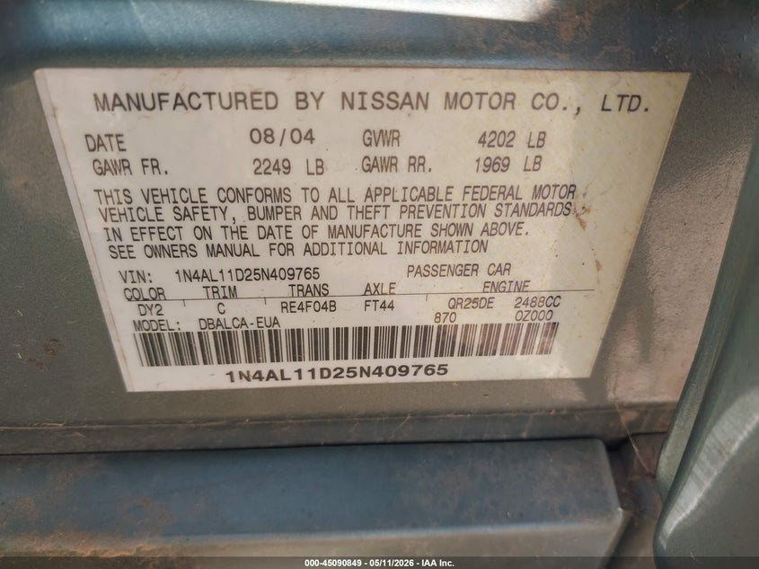 2005 Nissan Altima 2.5 S VIN: 1N4AL11D25N409765 Lot: 45090849