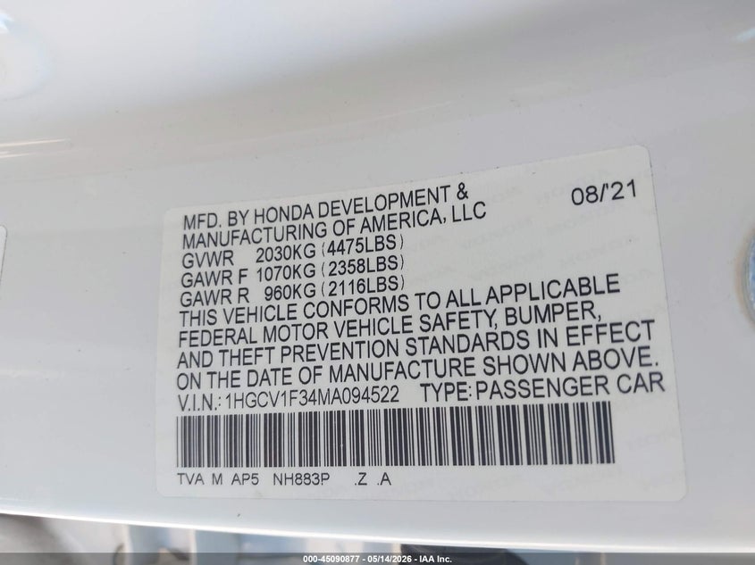 VIN 1HGCV1F34MA094522 2021 HONDA ACCORD SPORT