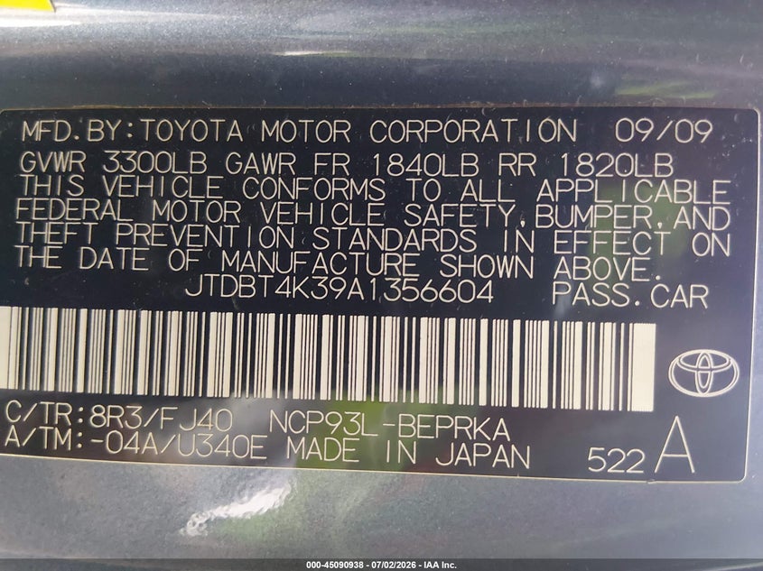 2010 Toyota Yaris VIN: JTDBT4K39A1356604 Lot: 45090938