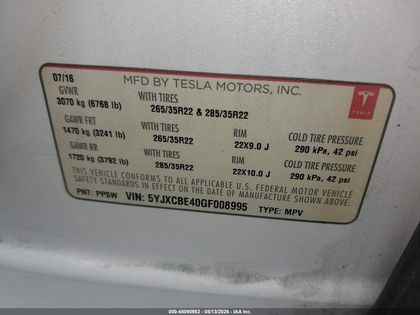 2016 Tesla Model X 75D/P100D/P90D VIN: 5YJXCBE40GF008995 Lot: 45090982