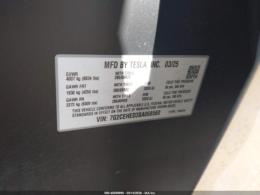 2025 Tesla Cybertruck All-Wheel Drive VIN: 7G2CEHED3SA068560 Lot: 45090990