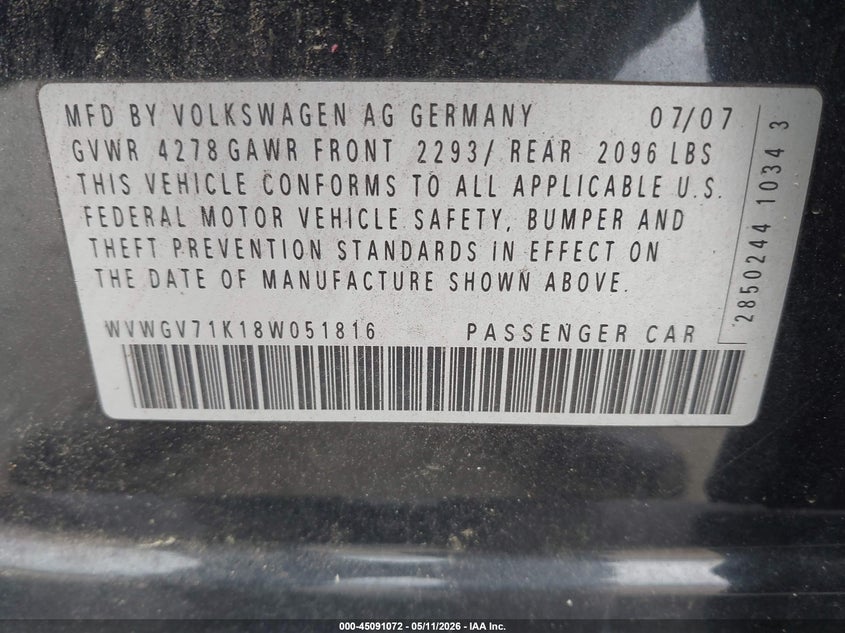 2008 Volkswagen Gti 4-Door VIN: WVWGV71K18W051816 Lot: 45091072