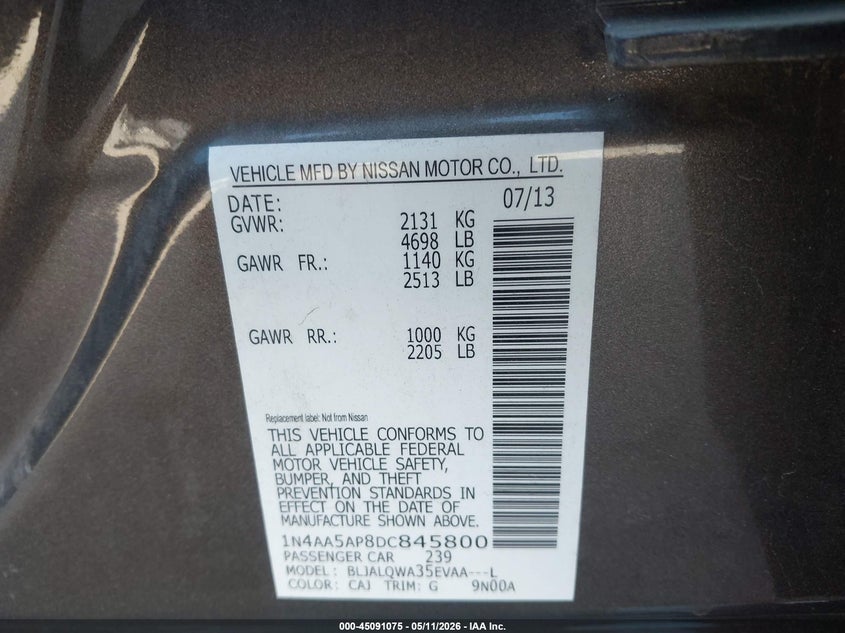 2013 Nissan Maxima 3.5 S VIN: 1N4AA5AP8DC845800 Lot: 45091075