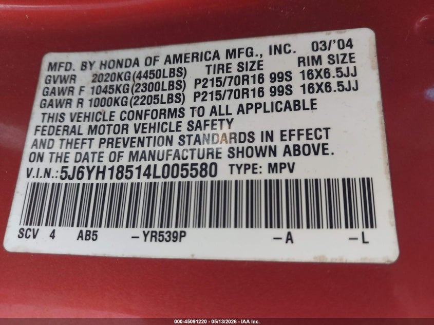 2004 Honda Element Ex VIN: 5J6YH18514L005580 Lot: 45091220