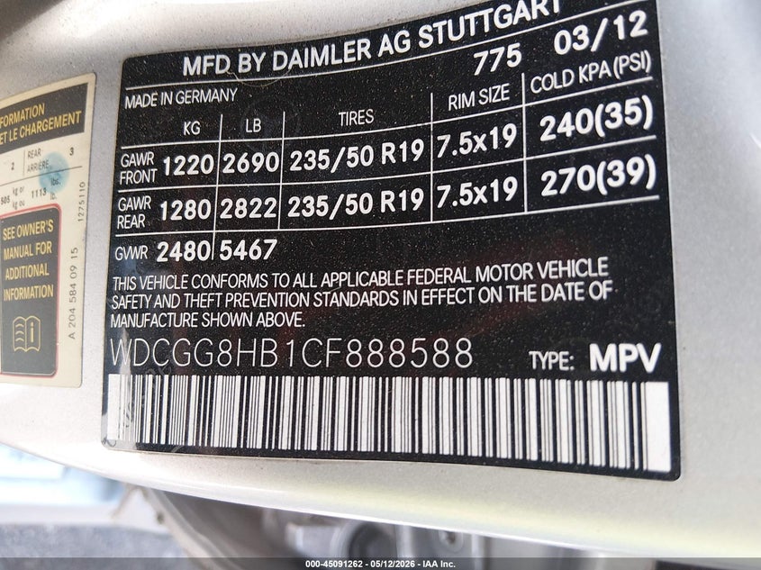 2012 Mercedes-Benz Glk 350 4Matic VIN: WDCGG8HB1CF888588 Lot: 45091262