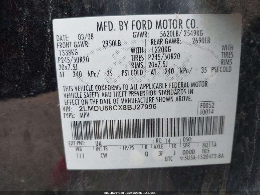 2008 Lincoln Mkx VIN: 2LMDU88CX8BJ27996 Lot: 45091380