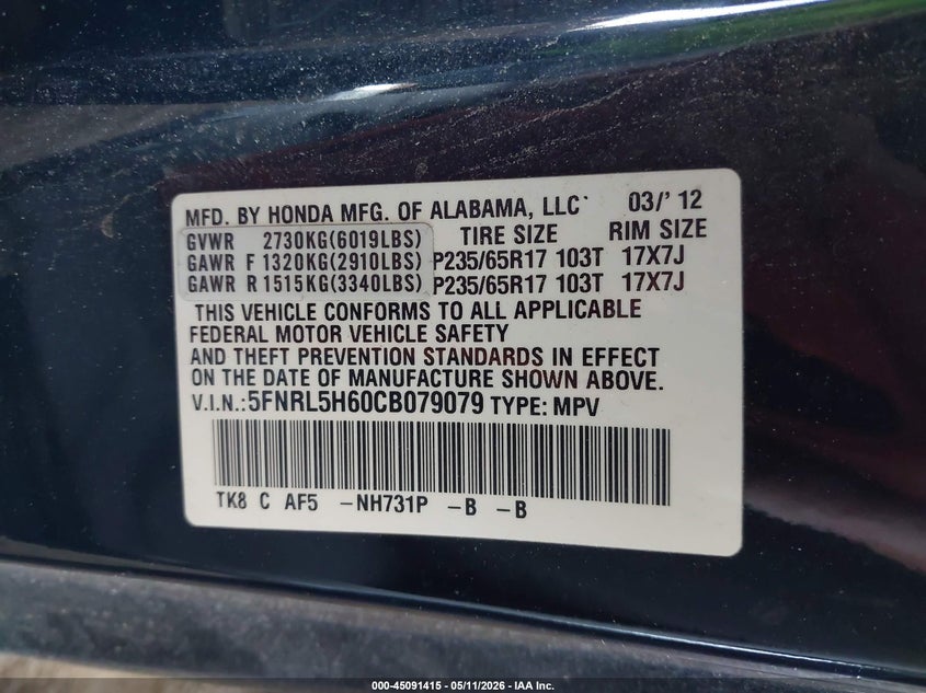 2012 Honda Odyssey 3.5 Ex-L black Lot 111045091415 Vin 5FNRL5H60CB079079