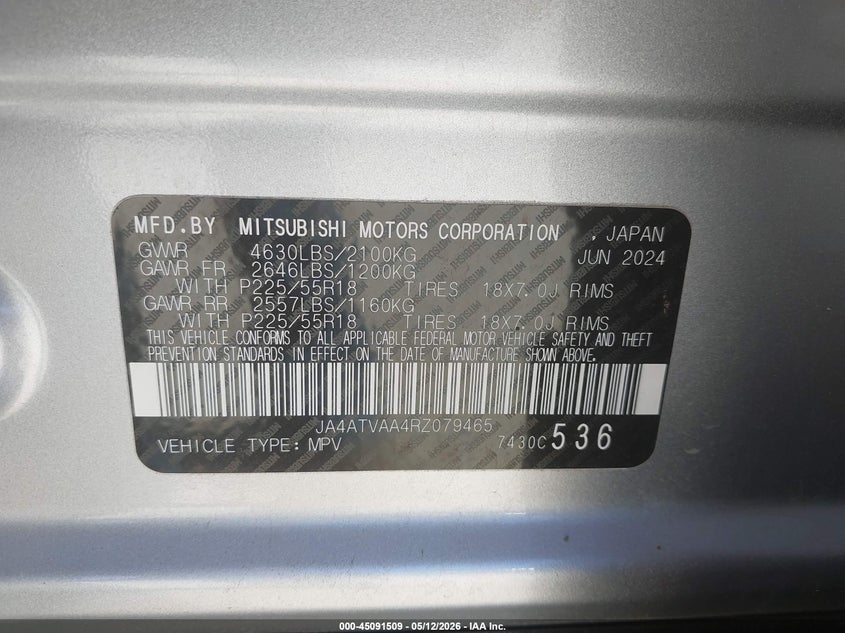 2024 Mitsubishi Eclipse Cross Black Edition S-Awc/Le S-Awc/Ralliart S-Awc/Se S-Awc VIN: JA4ATVAA4RZ079465 Lot: 45091509