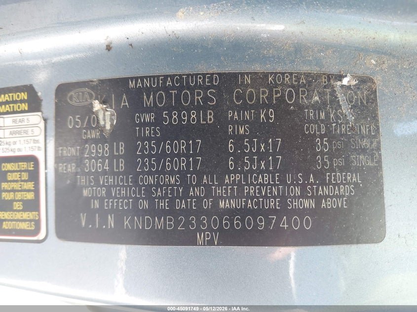 2006 Kia Sedona Ex/Lx VIN: KNDMB233066097400 Lot: 45091749