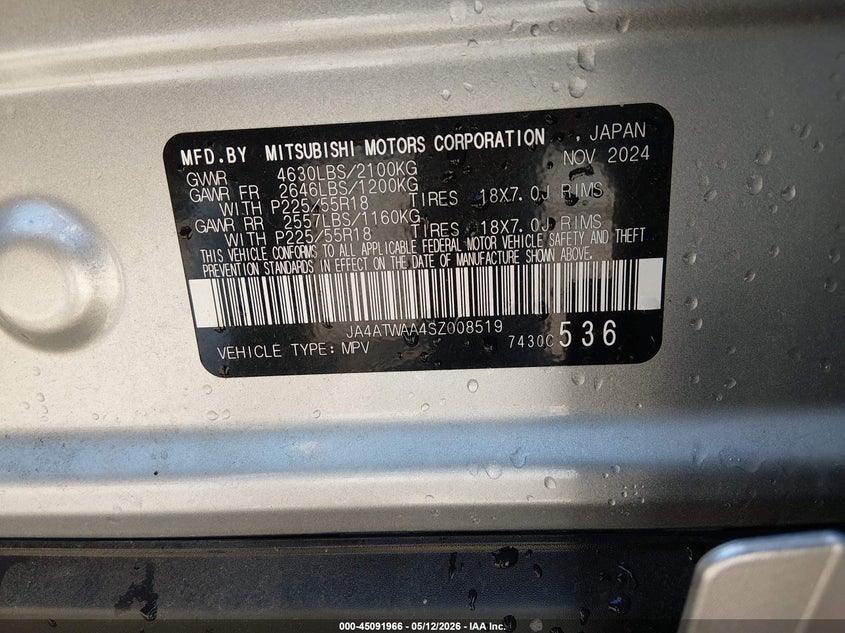 2025 Mitsubishi Eclipse Cross Sel S-Awc VIN: JA4ATWAA4SZ008519 Lot: 45091966