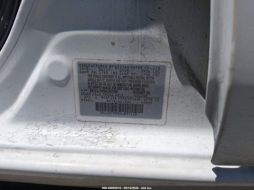 2017 NISSAN VERSA SEDAN 1.6L I-4 DOHC, VVT, 109HP