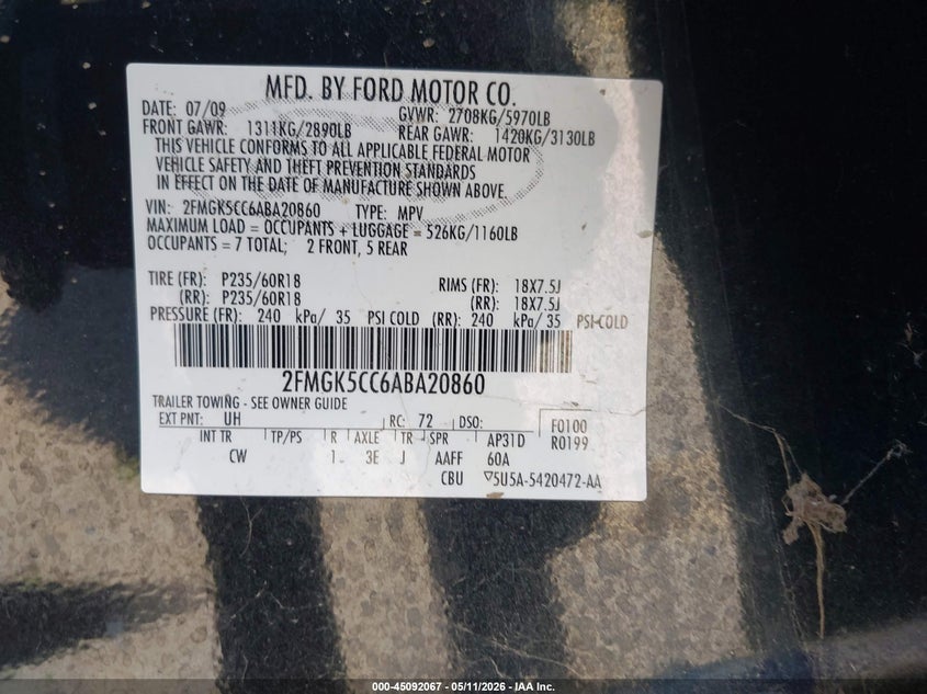 2010 Ford Flex 3.5 Sel black Lot 111045092067 Vin 2FMGK5CC6ABA20860