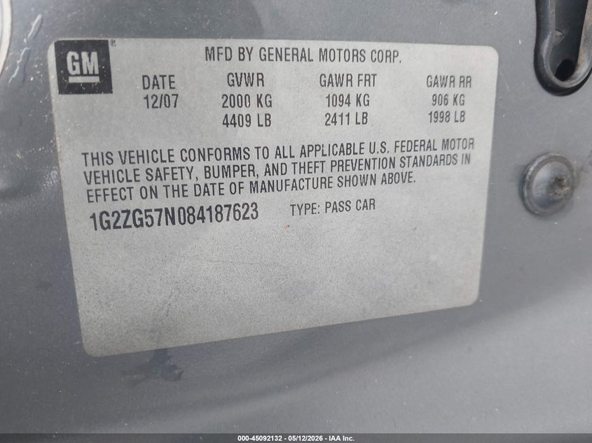 2008 Pontiac G6 VIN: 1G2ZG57N084187623 Lot: 45092132