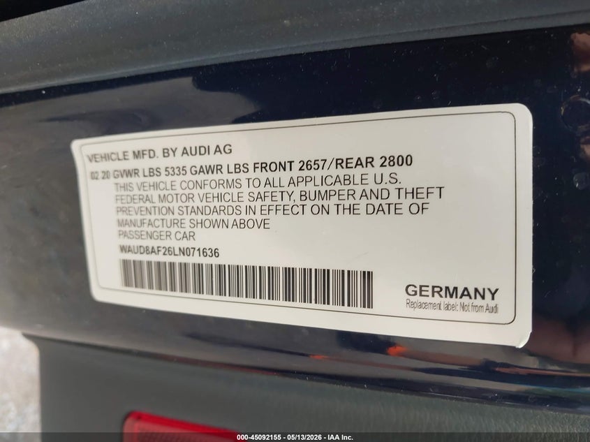 2020 Audi A6 Premium 45 Tfsi Quattro S Tronic VIN: WAUD8AF26LN071636 Lot: 45092155