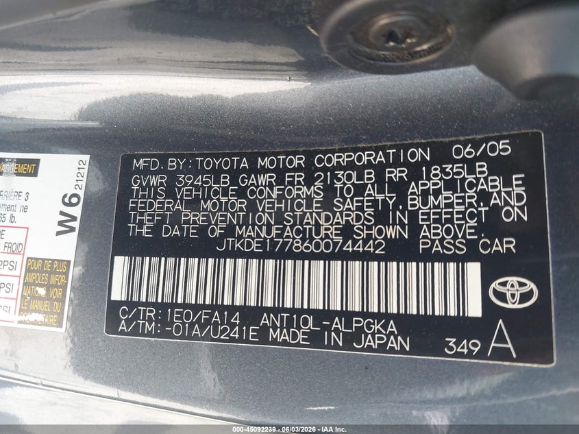 2006 Scion Tc VIN: JTKDE177860074442 Lot: 45092239