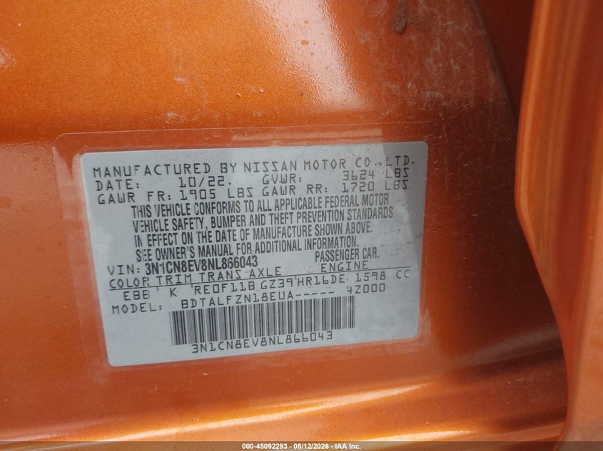 2022 Nissan Versa 1.6 Sv Xtronic Cvt VIN: 3N1CN8EV8NL866043 Lot: 45092293