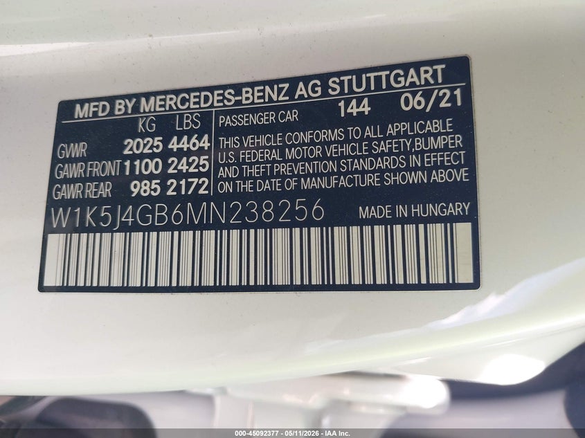 2021 Mercedes-Benz Cla 250 VIN: W1K5J4GB6MN238256 Lot: 45092377