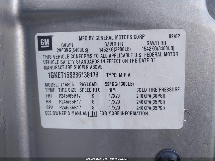 2003 GMC Envoy Xl Sle VIN: 1GKET16S336138178 Lot: 45092401