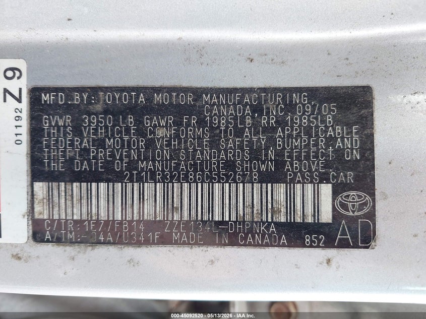 2006 Toyota Matrix Xr VIN: 2T1LR32E86C552678 Lot: 45092520