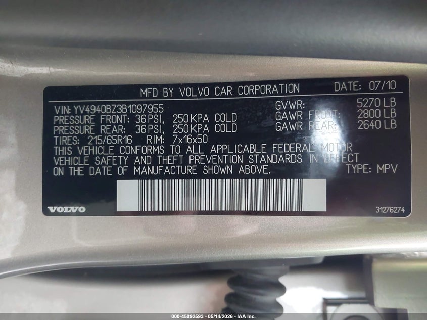 2011 Volvo Xc70 3.2 VIN: YV4940BZ3B1097955 Lot: 45092593