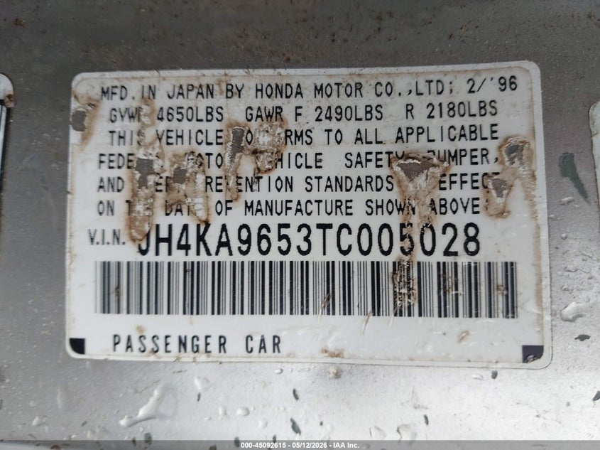 1996 Acura 3.5Rl VIN: JH4KA9653TC005028 Lot: 45092615