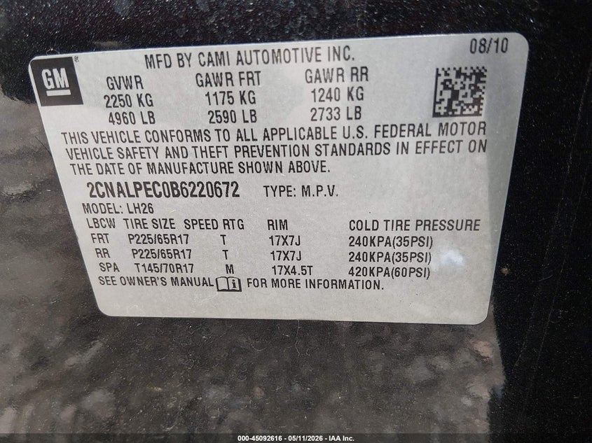 2011 Chevrolet Equinox 2.4 2lt Black Lot 111045092616 Vin 2CNALPEC0B6220672